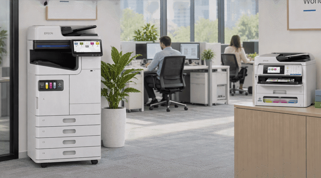 a large floor-standing photocopier and a desktop photocopier in a business office